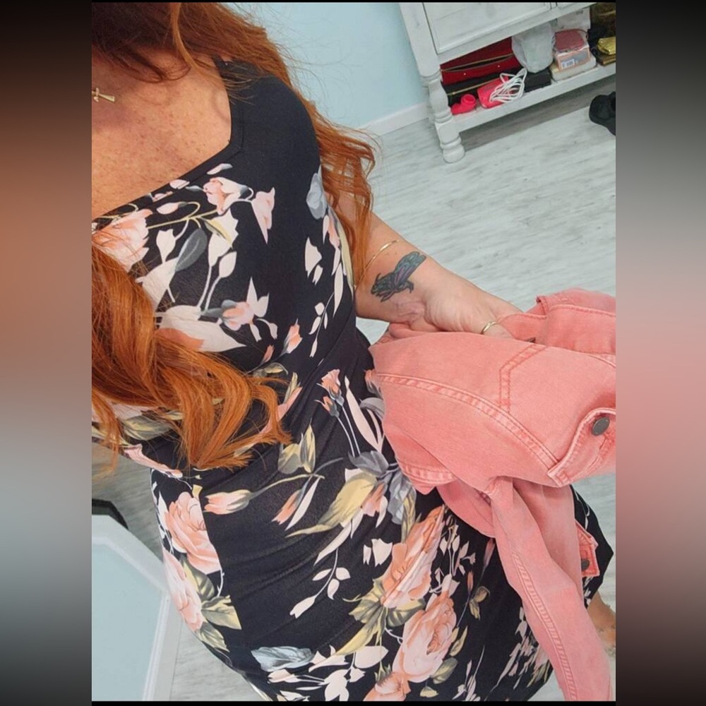 Black Floral Pencil Midi Dress Slim Sheath - Picture 14 of 15